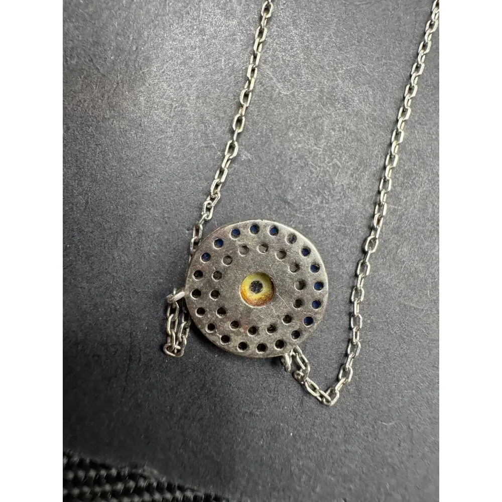 925 Sterling Silver Cubic Zirconia Blue Disc Evil Eye Pendant Necklace 17.5